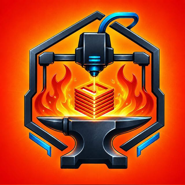 Símbolo da Print Forge 3D: impressora criando uma peça sobre uma bigorna